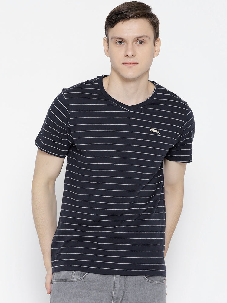 Men Navy Blue Striped V-Neck T-shirt - JUMP USA