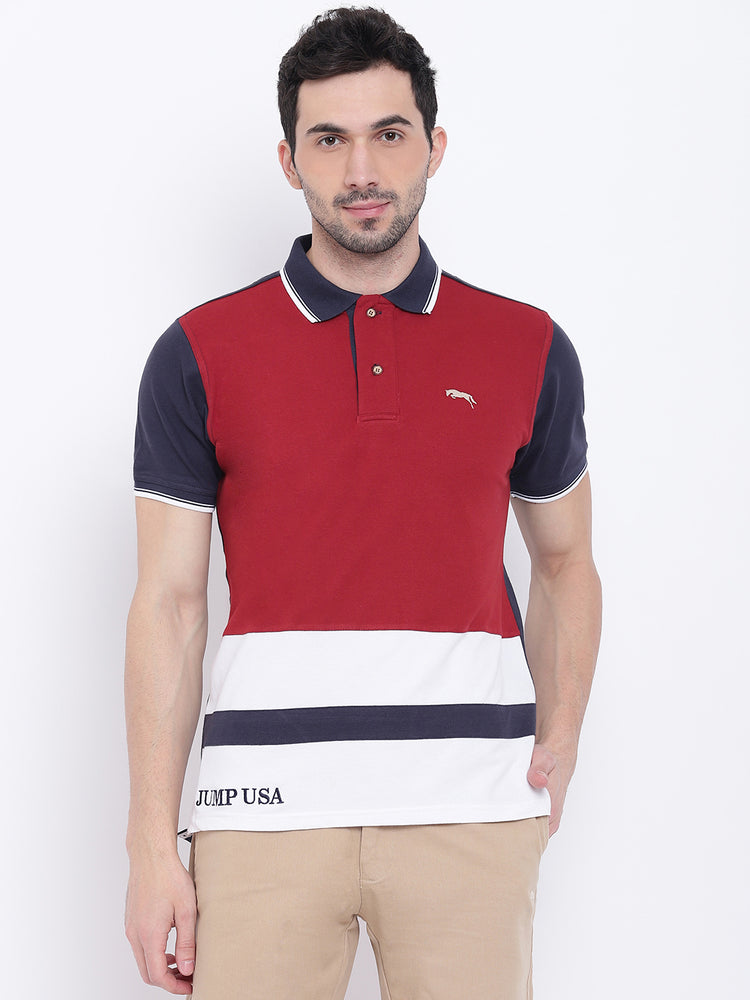 Men Casual Solid Red Polo Collar T-Shirt - JUMP USA