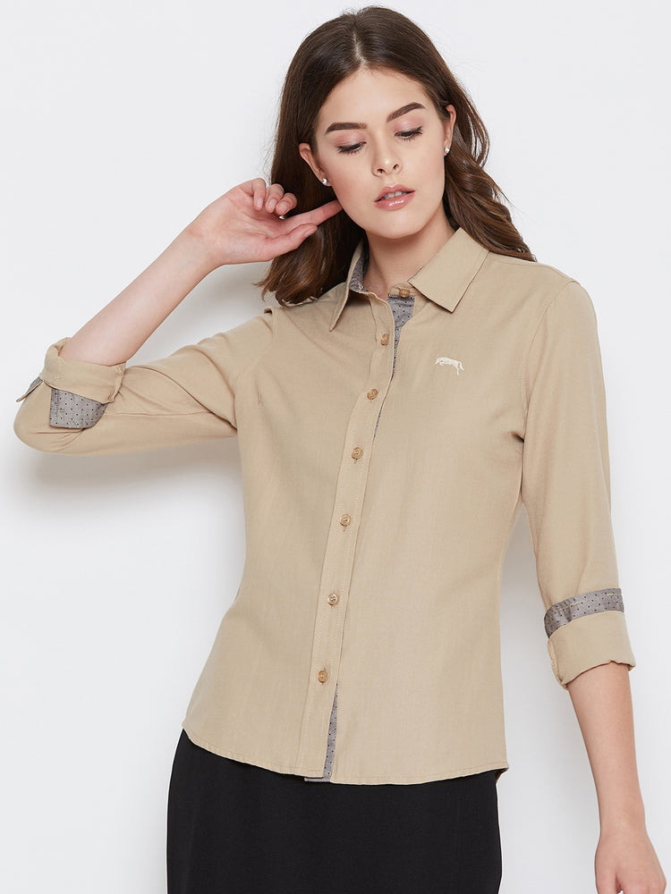 Women Beige Solid Casual Slim Fit Shirt - JUMP USA