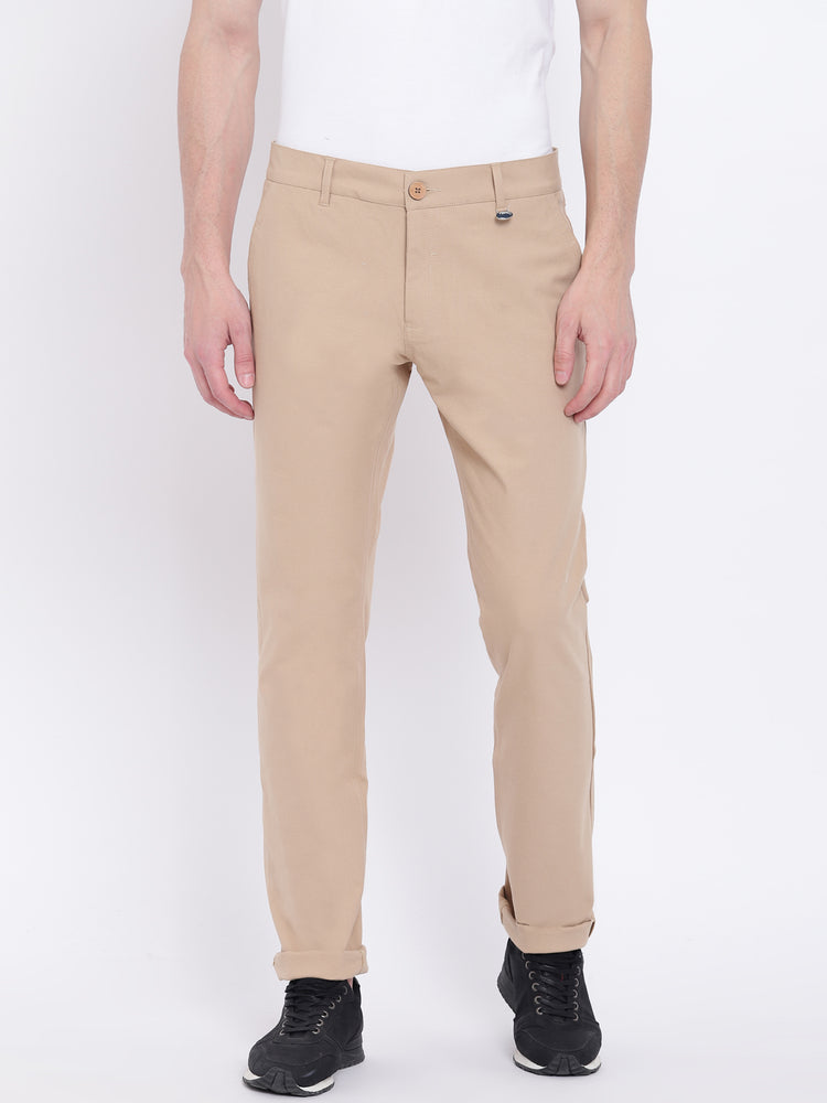 Men Casual Solid Beige Chinos - JUMP USA