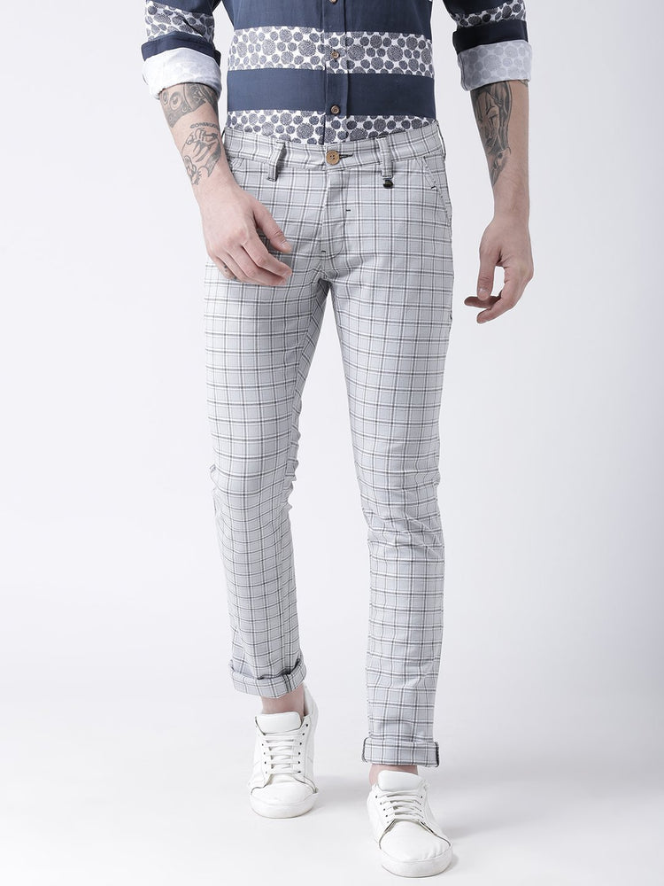 Men Off White Slim Fit Checked Chinos - JUMP USA