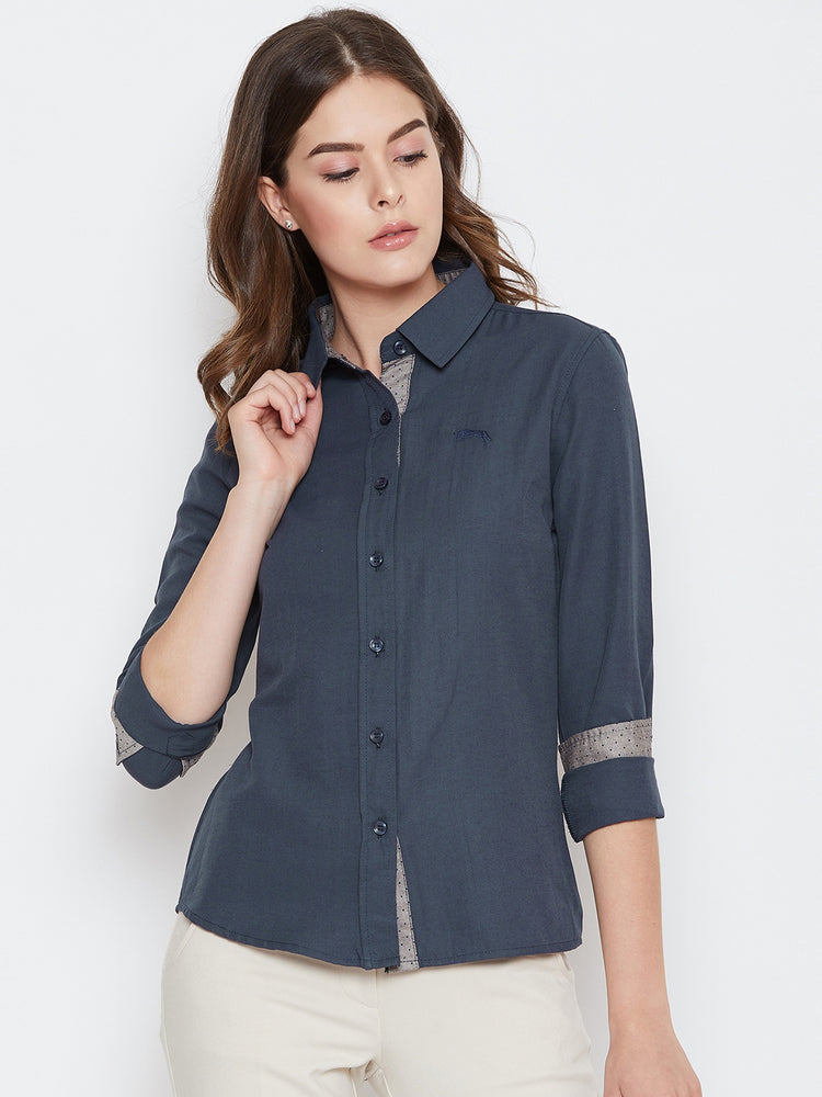 Women Navy Blue Solid Casual Slim Fit Shirt - JUMP USA