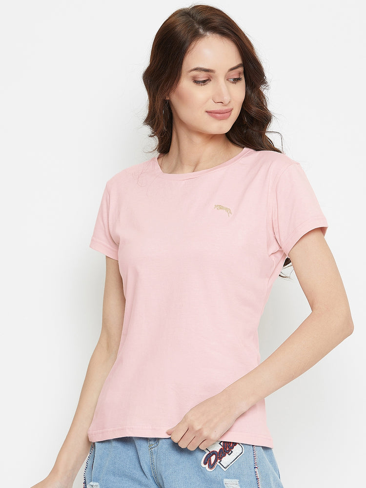 Women Pink Solid Casual Round Neck T-shirt - JUMP USA