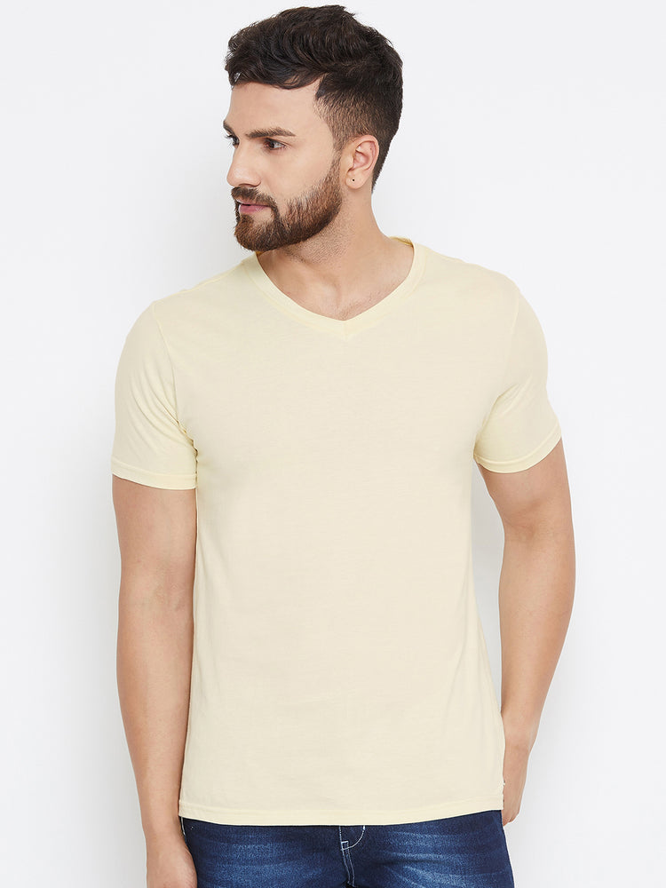 Men Beige Solid V Neck T-shirt - JUMP USA