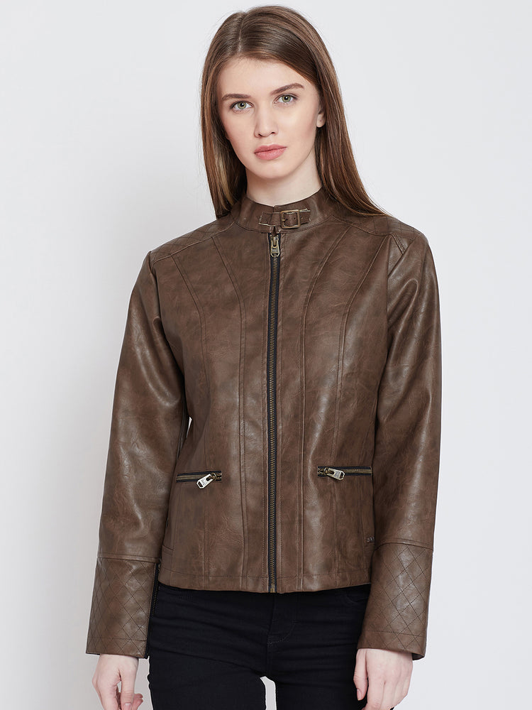 Women Casual Brown Leather Jacket - JUMP USA