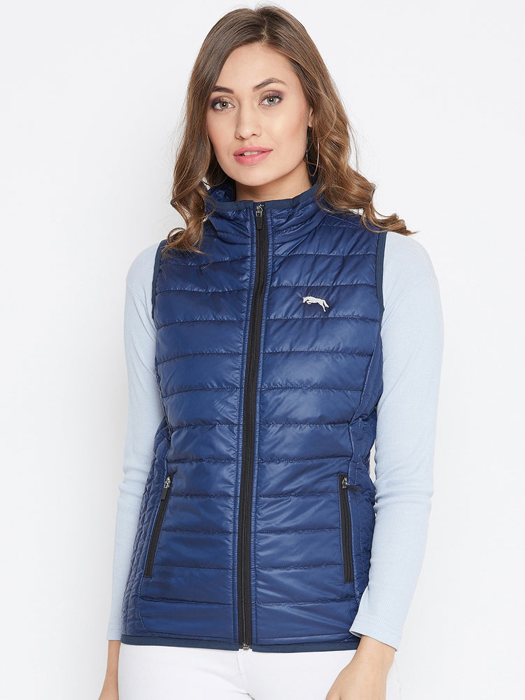JUMP USA Women Blue Sleevless Solid Bomber Jacket - JUMP USA