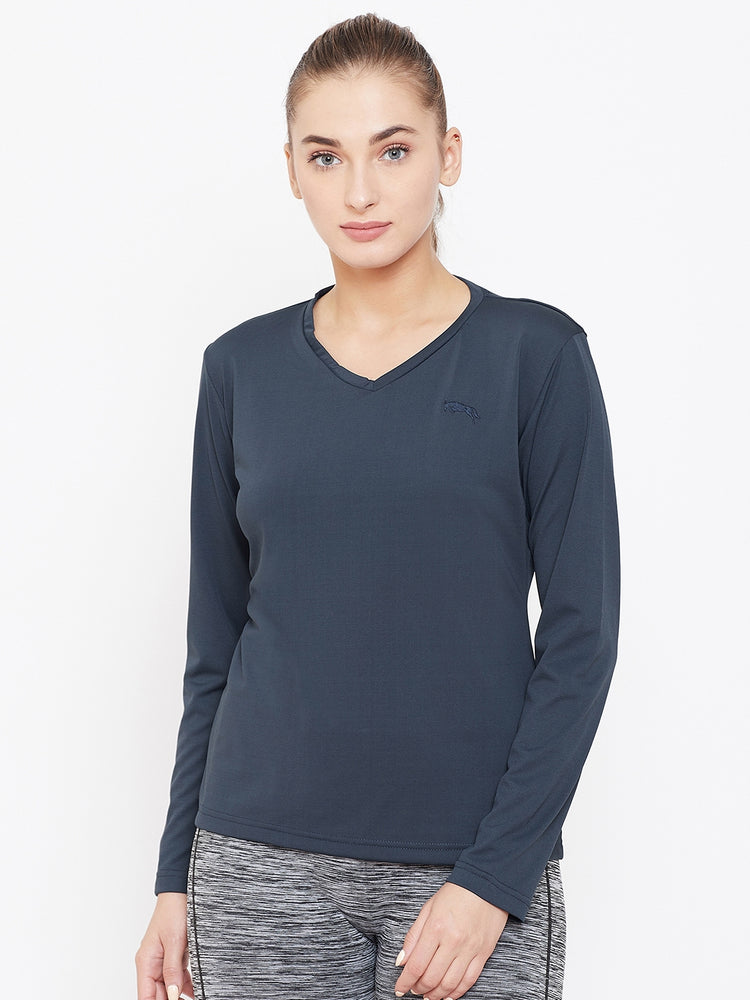 Women Navy Blue Active Wear V-Neck T-shirt - JUMP USA