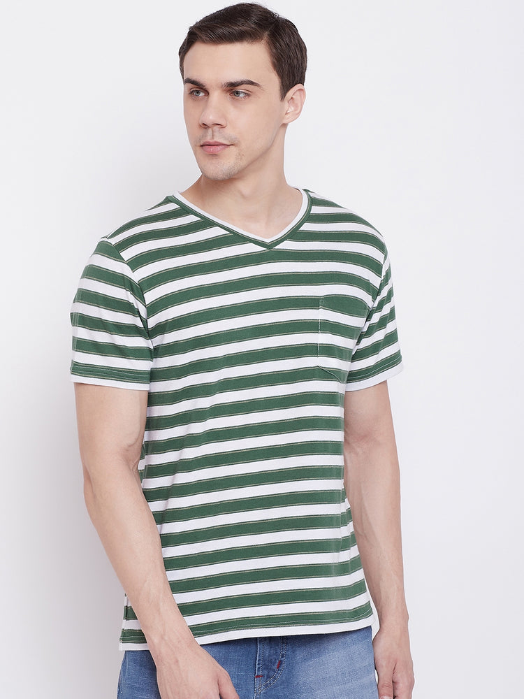 JUMP USA Men Green Striped V-neck Tshirt - JUMP USA
