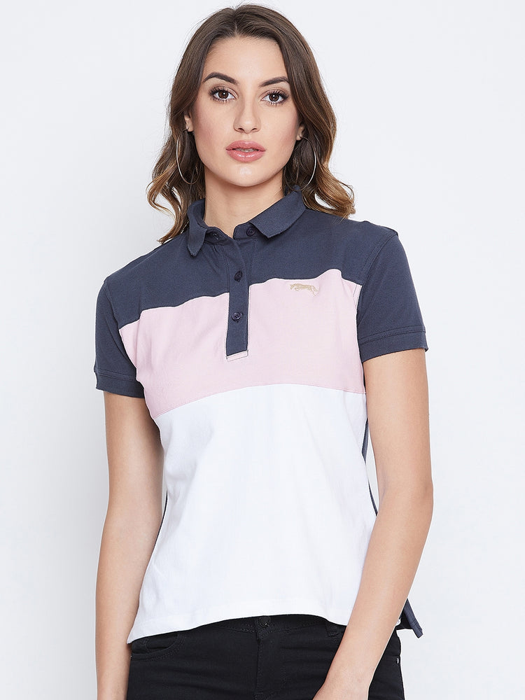 JUMP USA Women Navy Blue And Pink Colour blocked PoloT-Shirts - JUMP USA