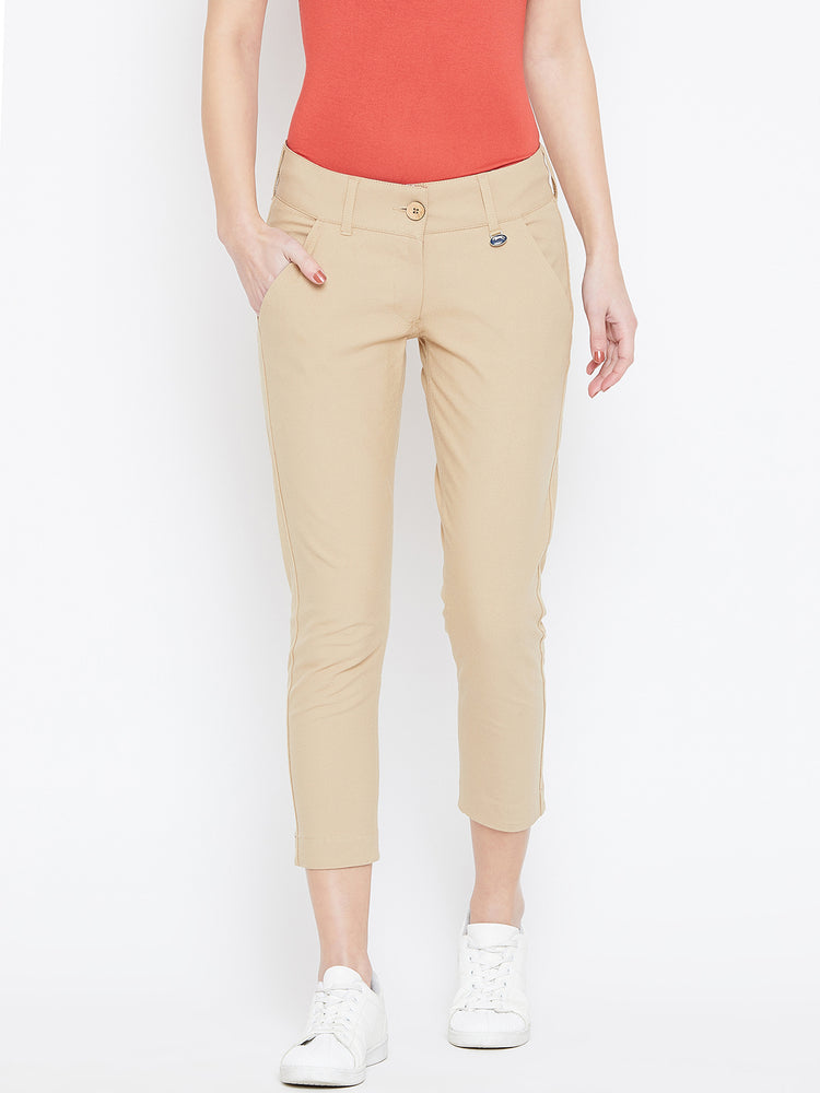 Women Beige Solid Skinny Fit Trousers - JUMP USA