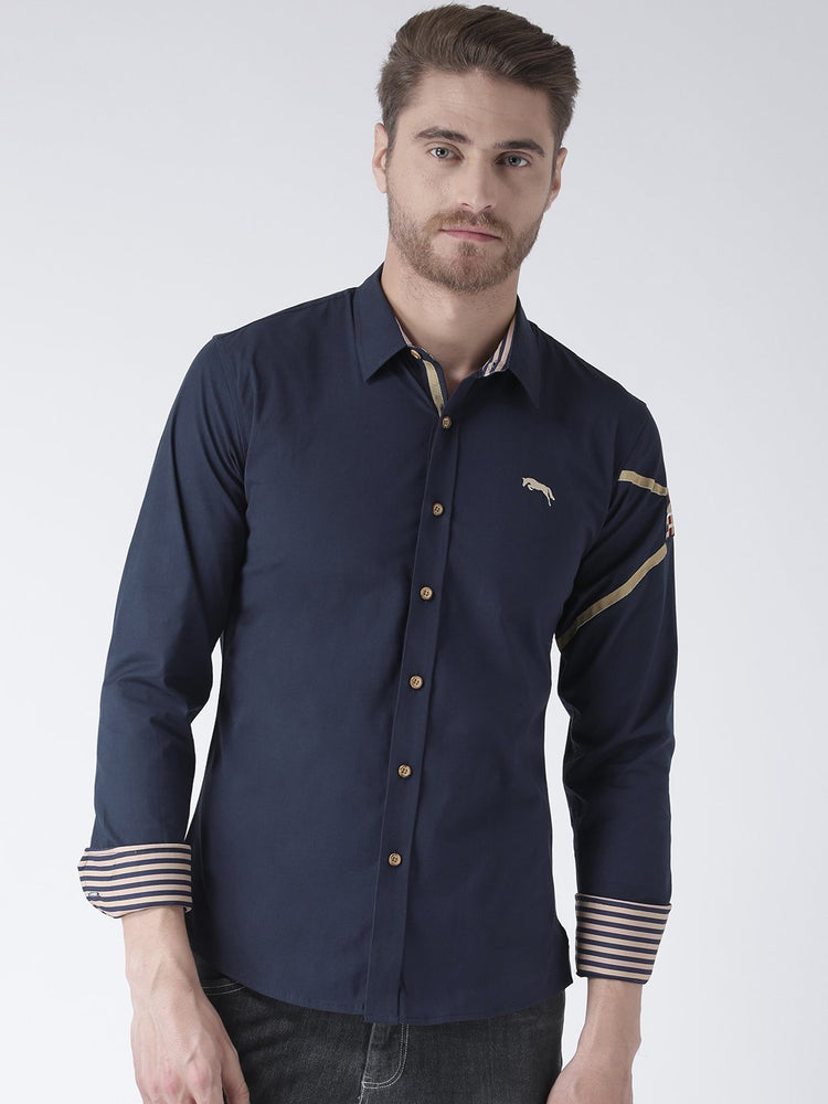 Men Navy Blue Solid Cotton Regular Fit Shirt - JUMP USA