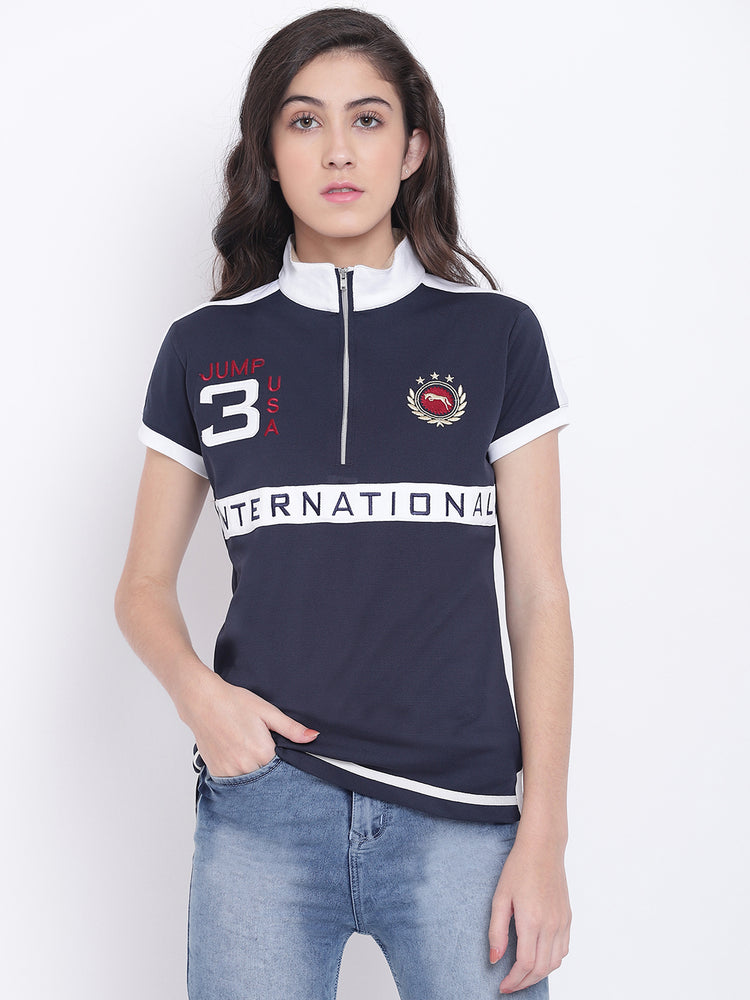 Women Navy Blue Casual Polo Collar T-Shirt - JUMP USA