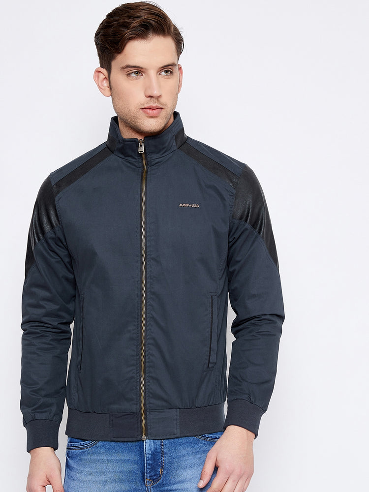 JUMP USA Men Navy Blue Solid Casual Bomber Jacket - JUMP USA