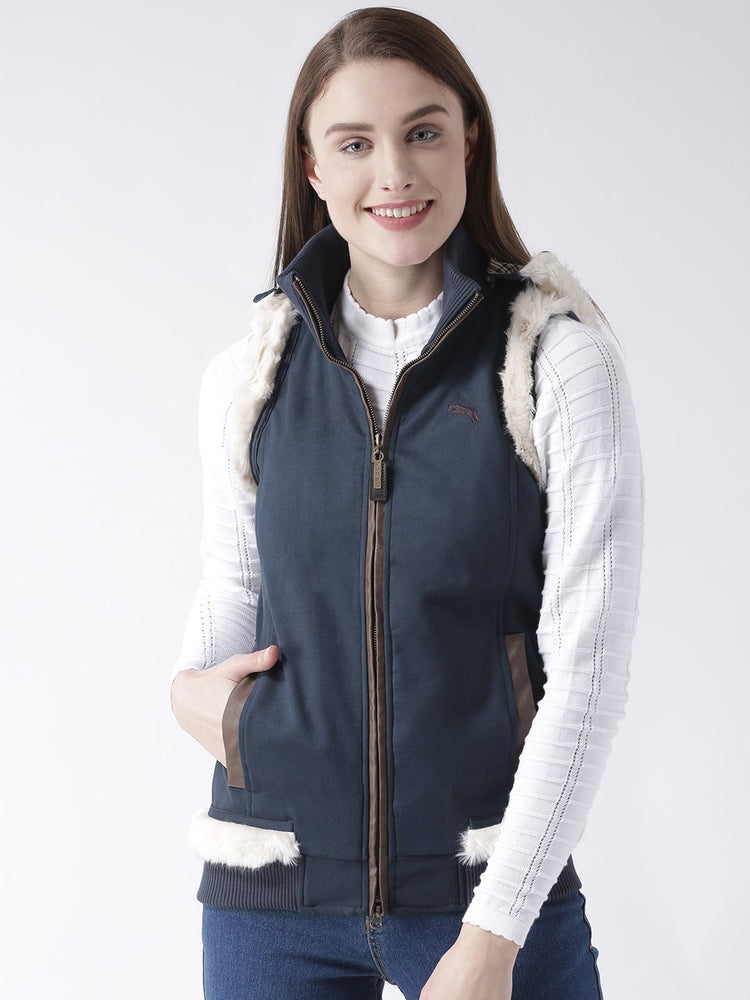 Women Polyster Casual Sleeveless Navy Winter Jacket - JUMP USA (1568776388650)