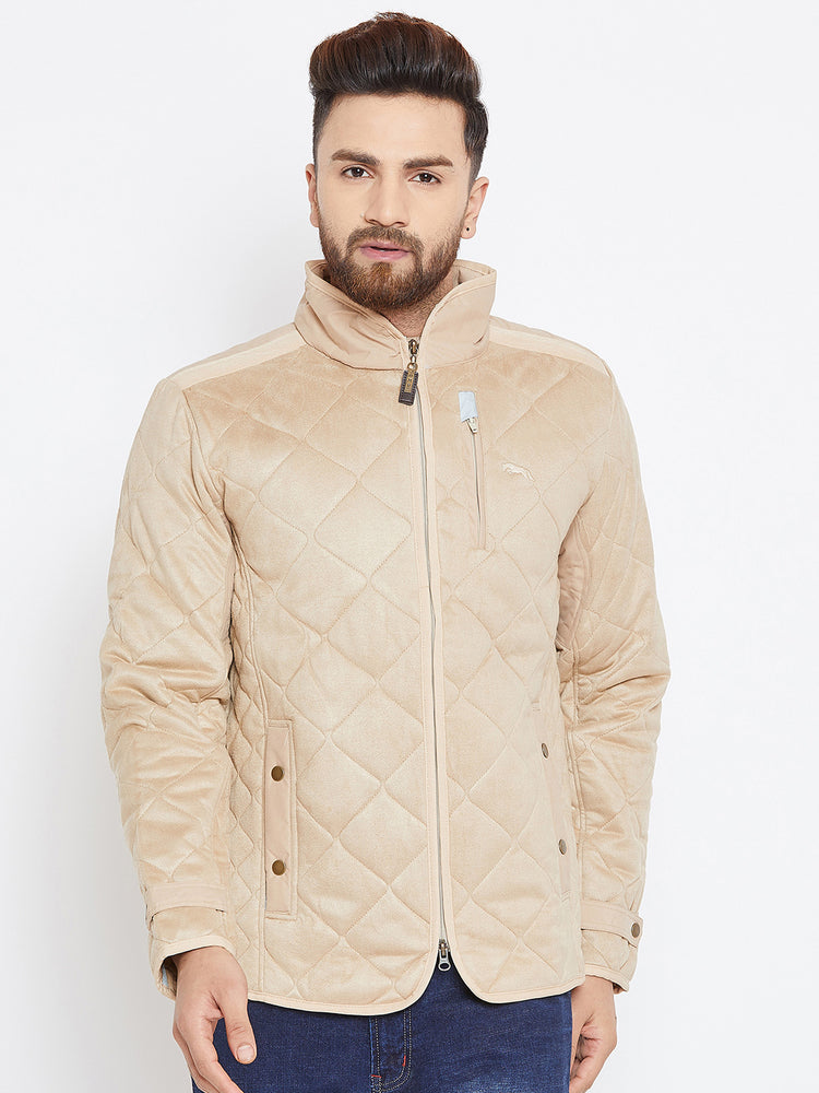 Men Beige Solid Quilted Jacket - JUMP USA