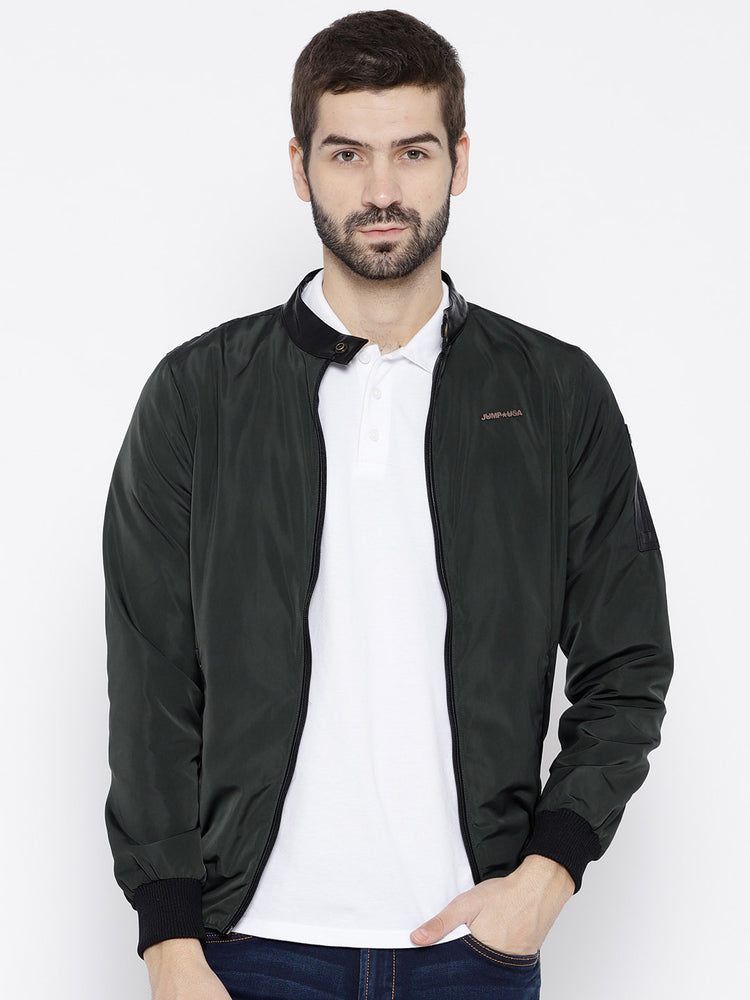 Men Green Solid Open Front Jacket - JUMP USA