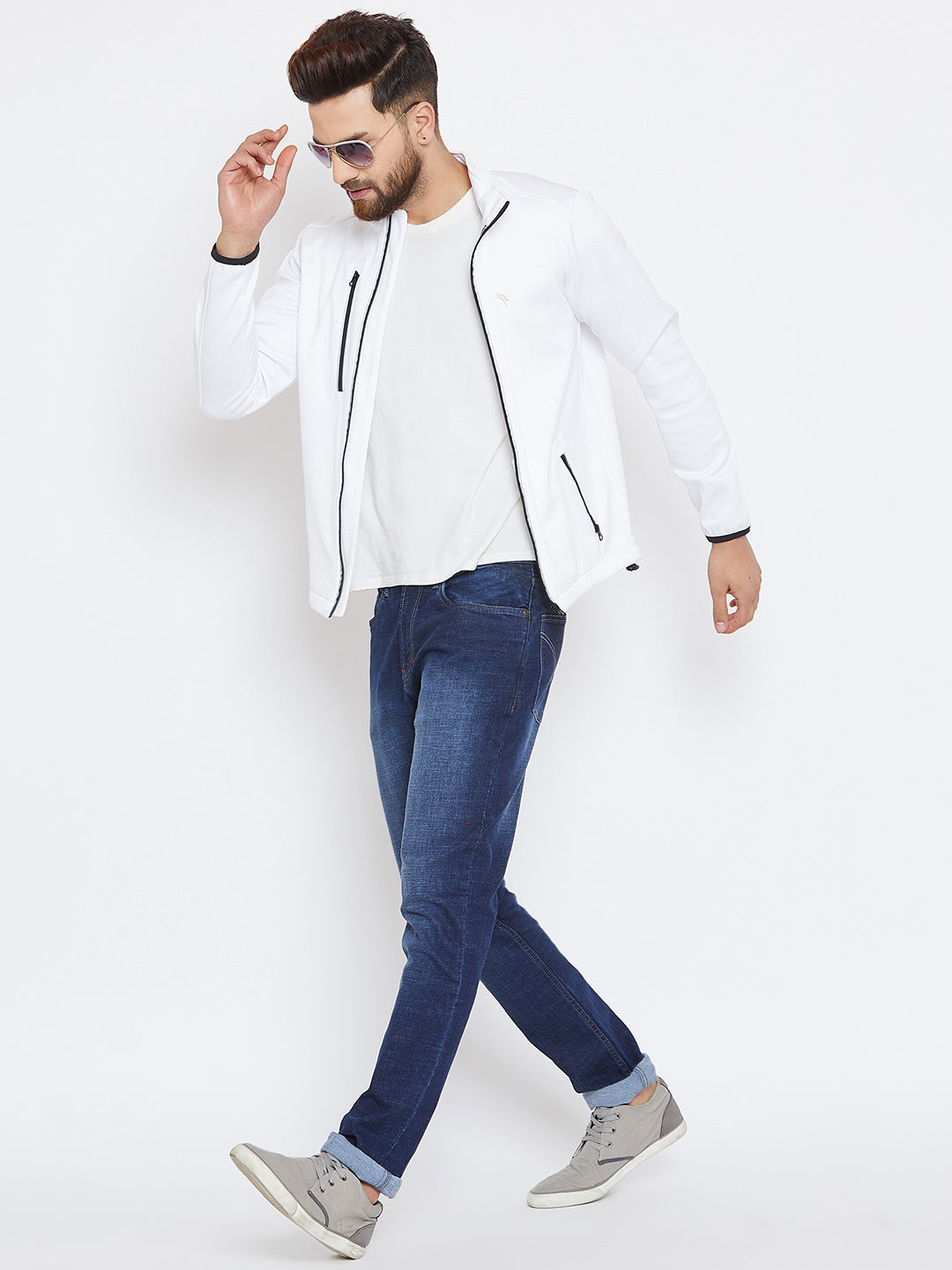 Men White Solid Sporty Jacket - JUMP USA