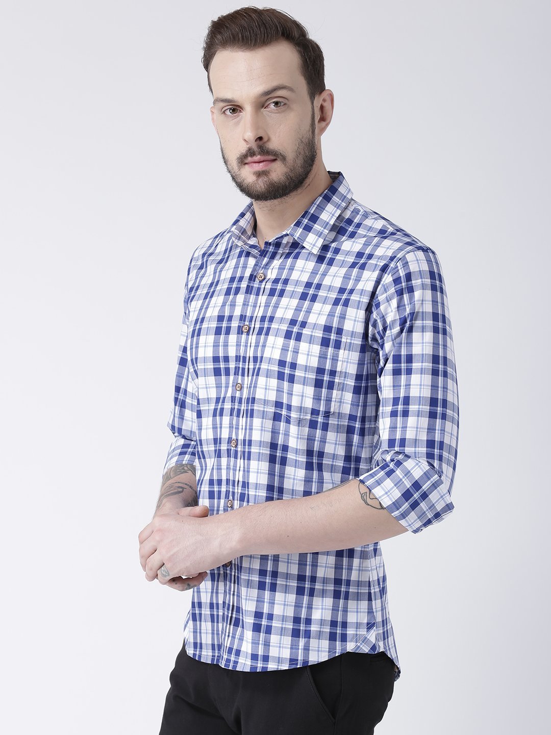 Men Navy Blue Checked Cotton Slim Fit Shirt - JUMP USA