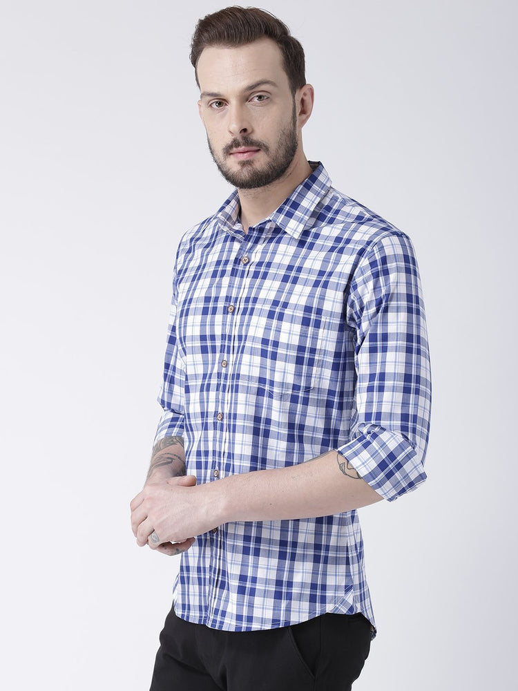Men Navy Blue Checked Cotton Slim Fit Shirt - JUMP USA
