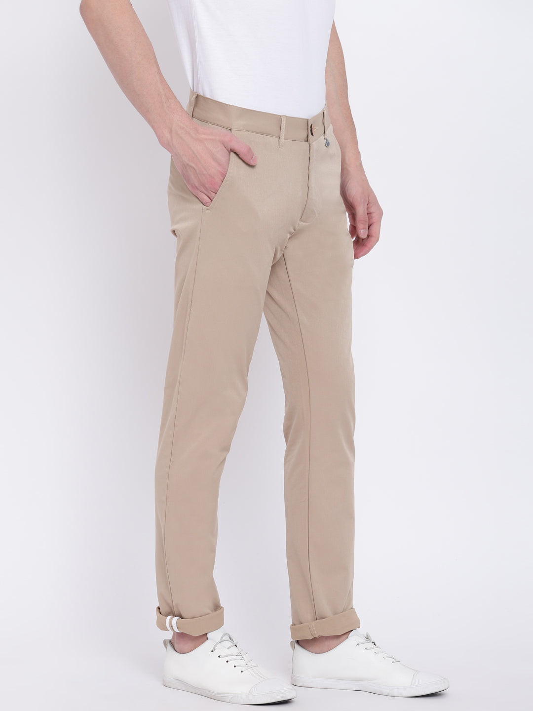 Men Casual Solid Tan Chinos - JUMP USA