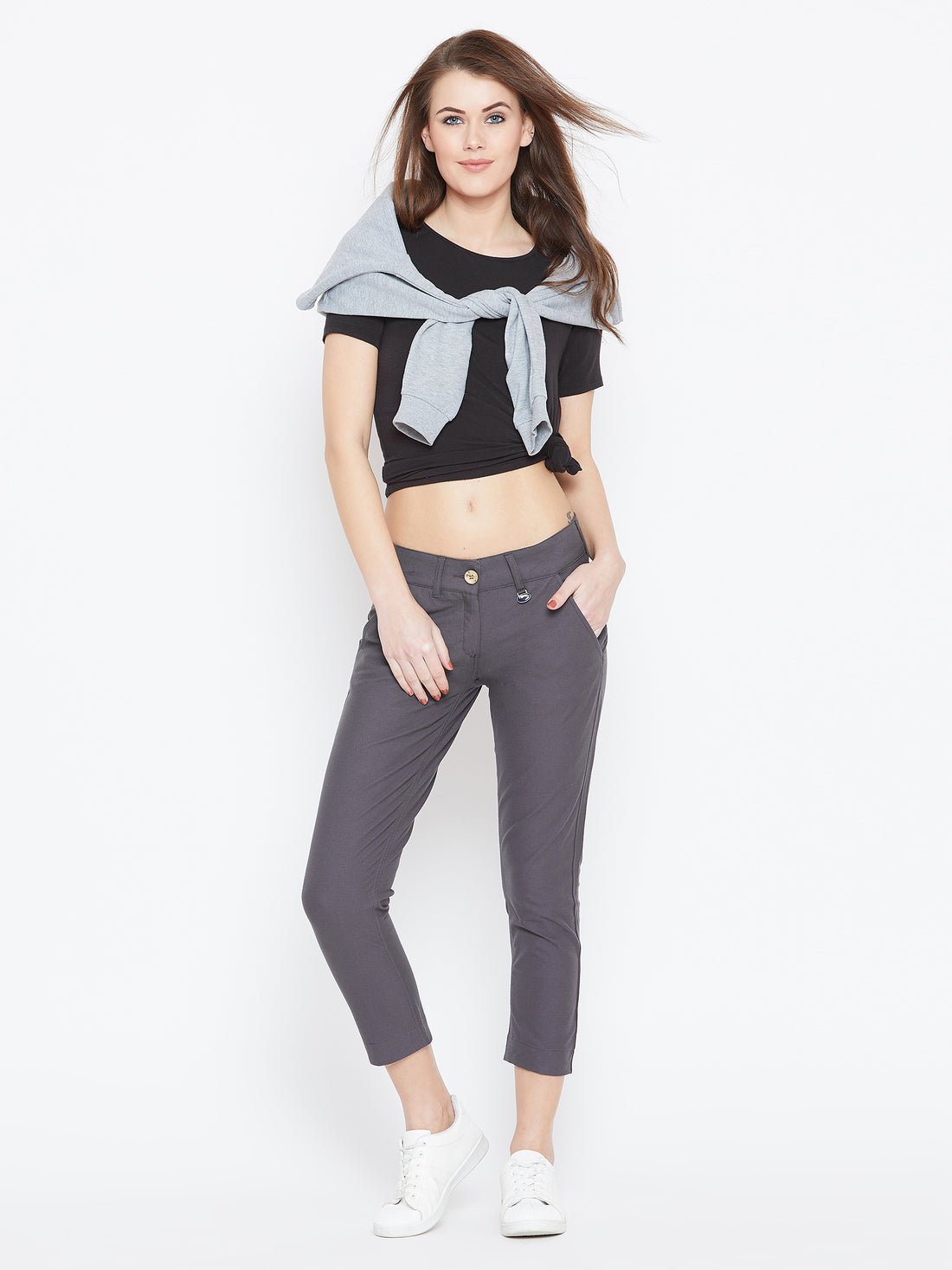 Women Grey Solid Skinny Fit Chinos Trousers - JUMP USA