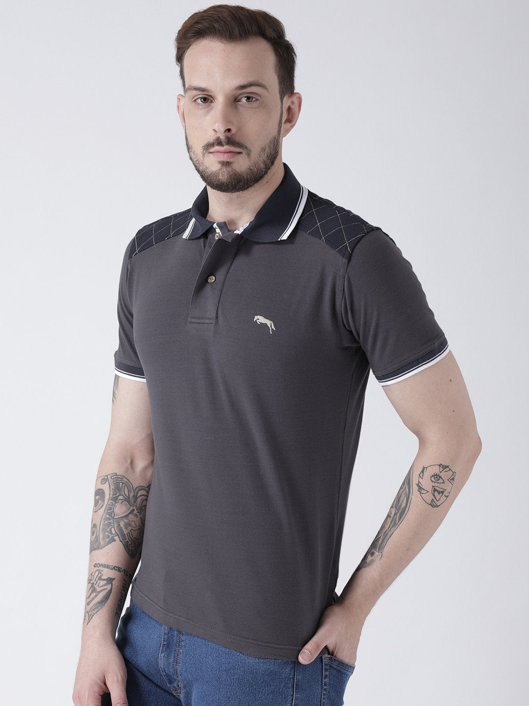 Men Charcoal Solid Polo T-shirt - JUMP USA