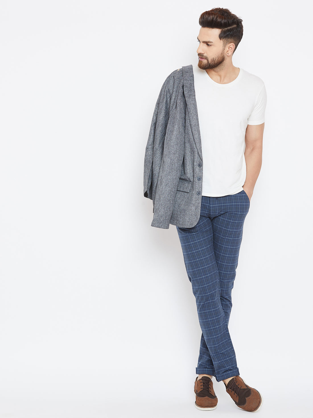Men Blue Relaxed Fit Casual Checked Chinos - JUMP USA