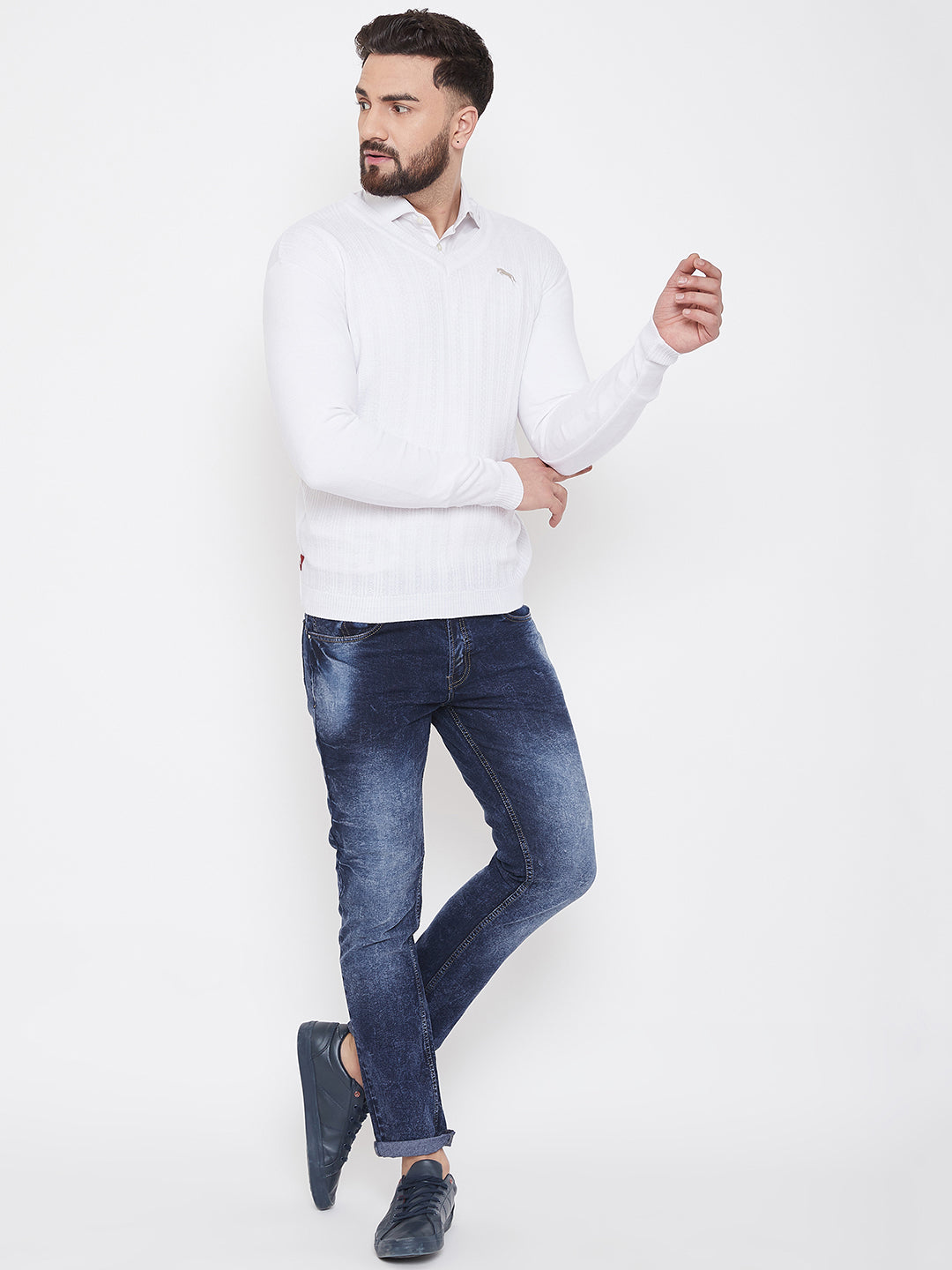 JUMP USA Men White Self Design Sweater - JUMP USA