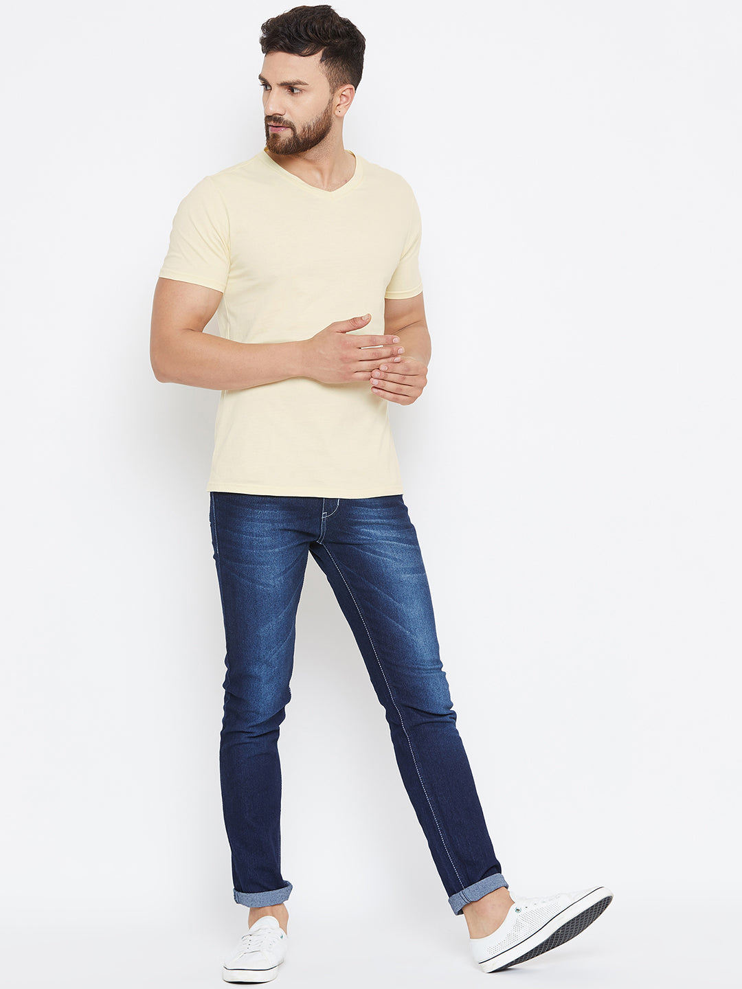 Men Beige Solid V Neck T-shirt - JUMP USA