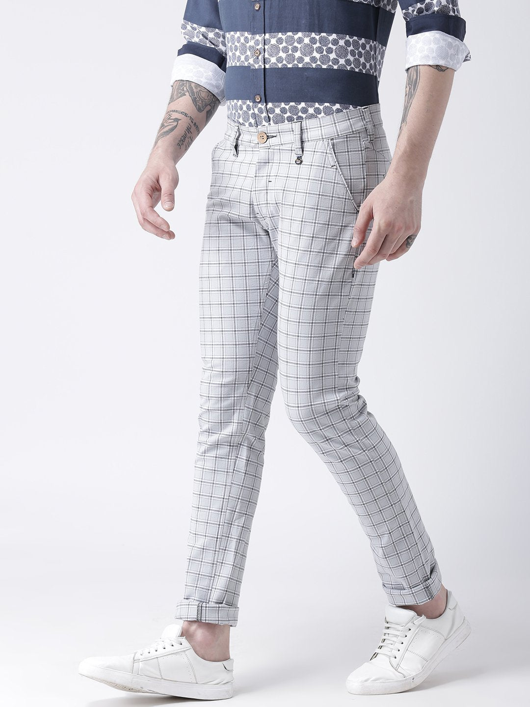 Men Off White Slim Fit Checked Chinos - JUMP USA