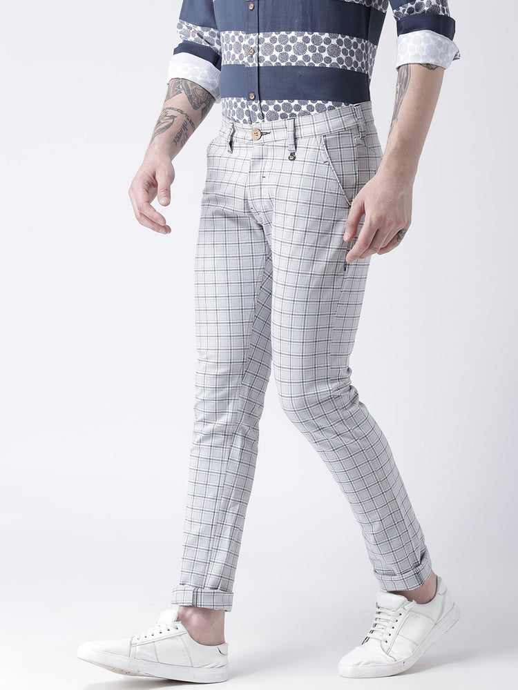 Men Off White Slim Fit Checked Chinos - JUMP USA
