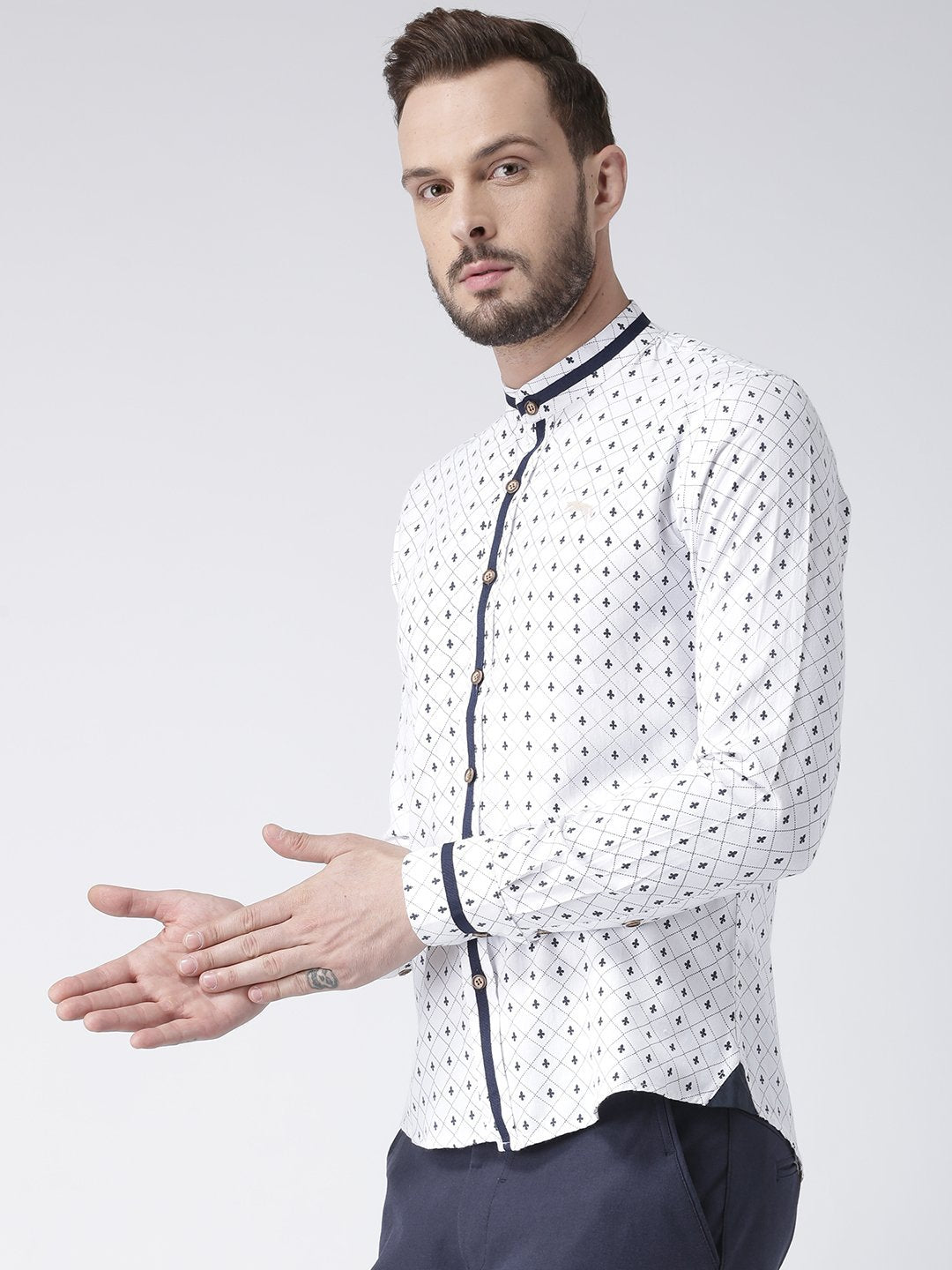 Men White Printed Cotton Slim Fit Shirt - JUMP USA