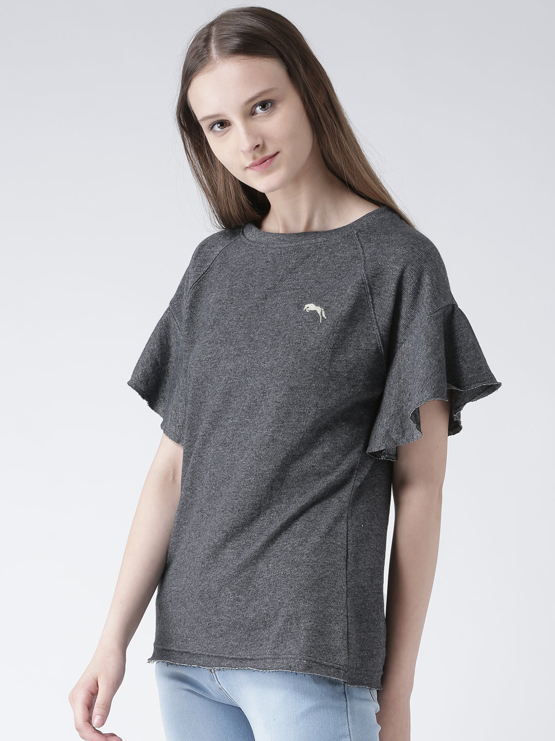 Women Charcoal Solid Polyester Top - JUMP USA