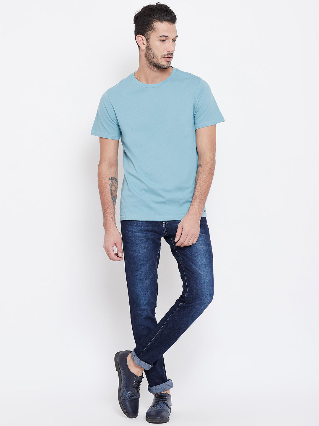 Men Blue Solid Round Neck T-shirt - JUMP USA