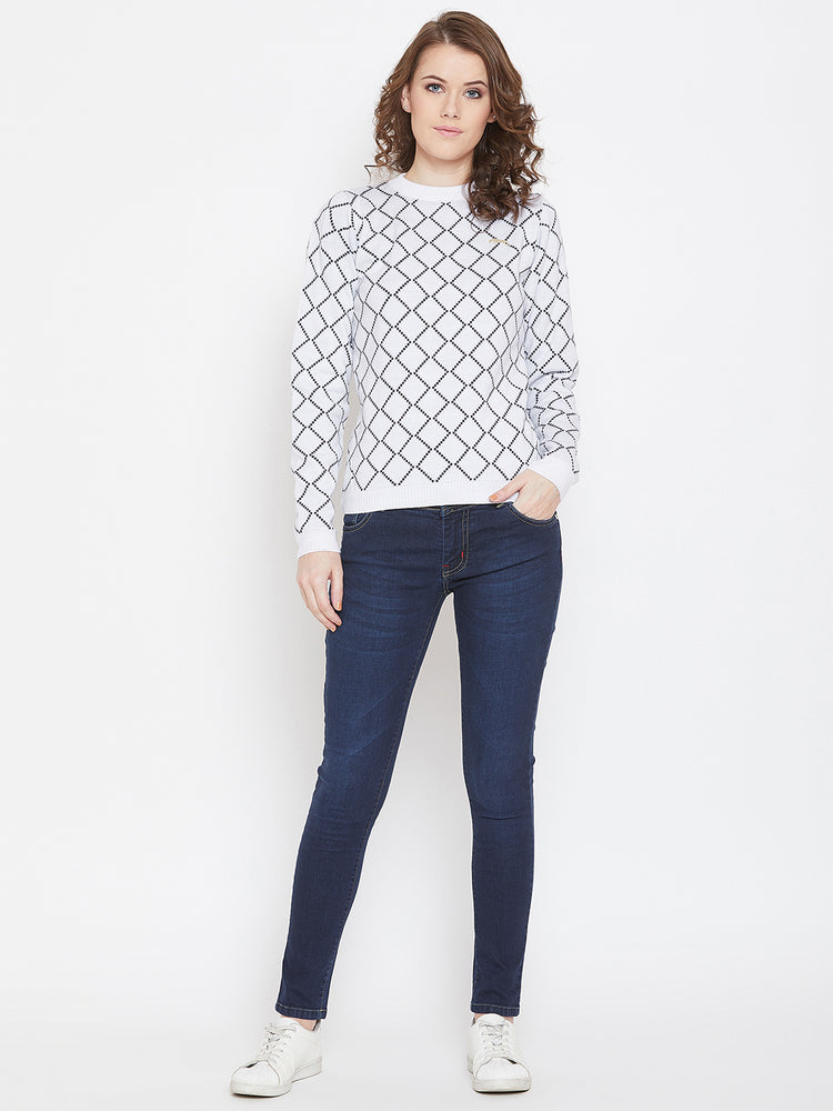 JUMP USA Women White & Navy Blue Acrylic Checked Sweater - JUMP USA