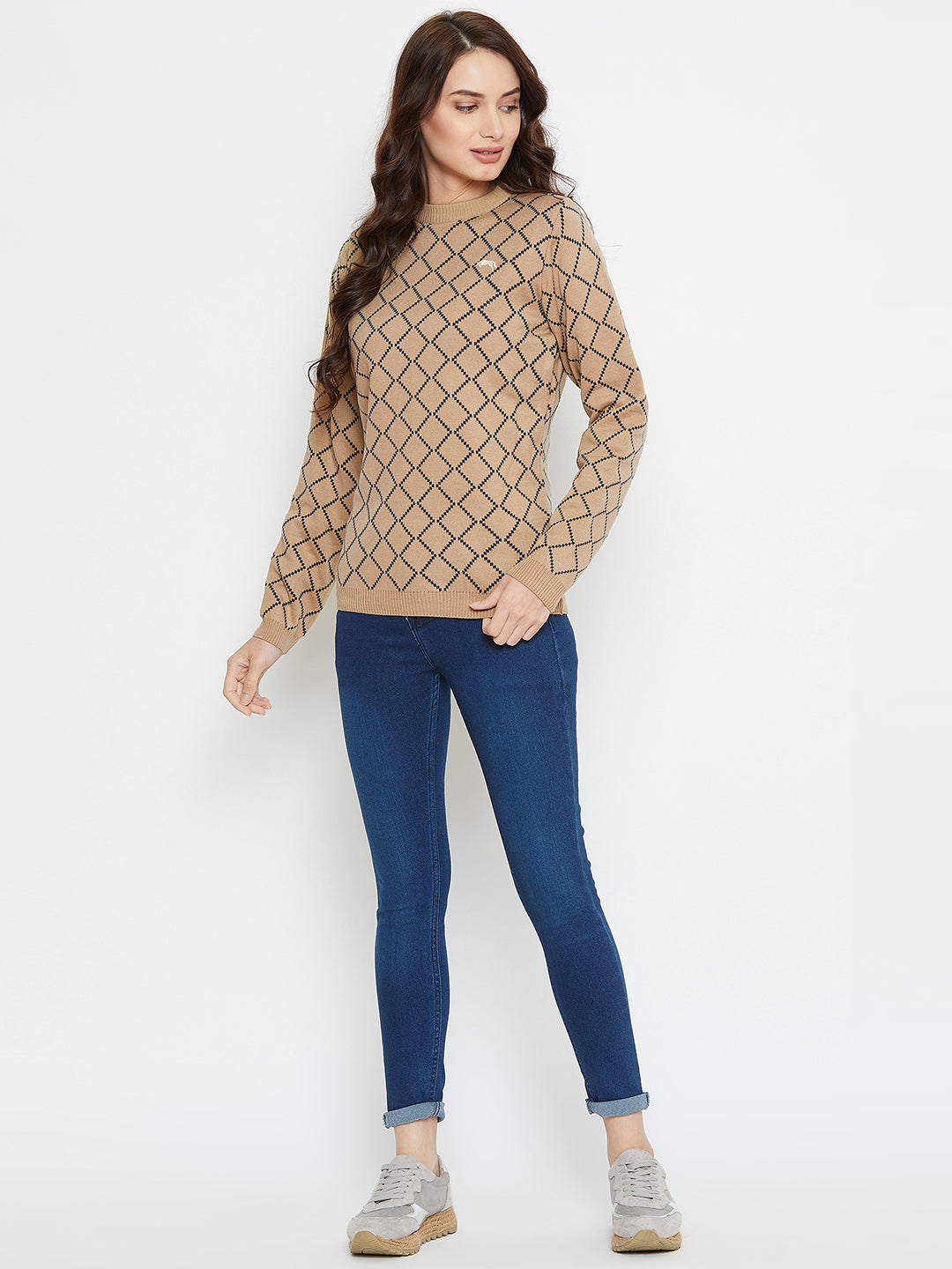 Women Safari & Navy Blue Acrylic Checked Sweater - JUMP USA