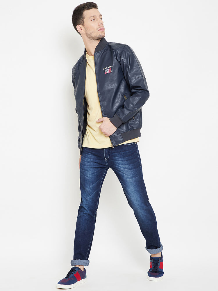 JUMP USA Navy Solid Casual PU Leather Varsity Jacket - JUMP USA