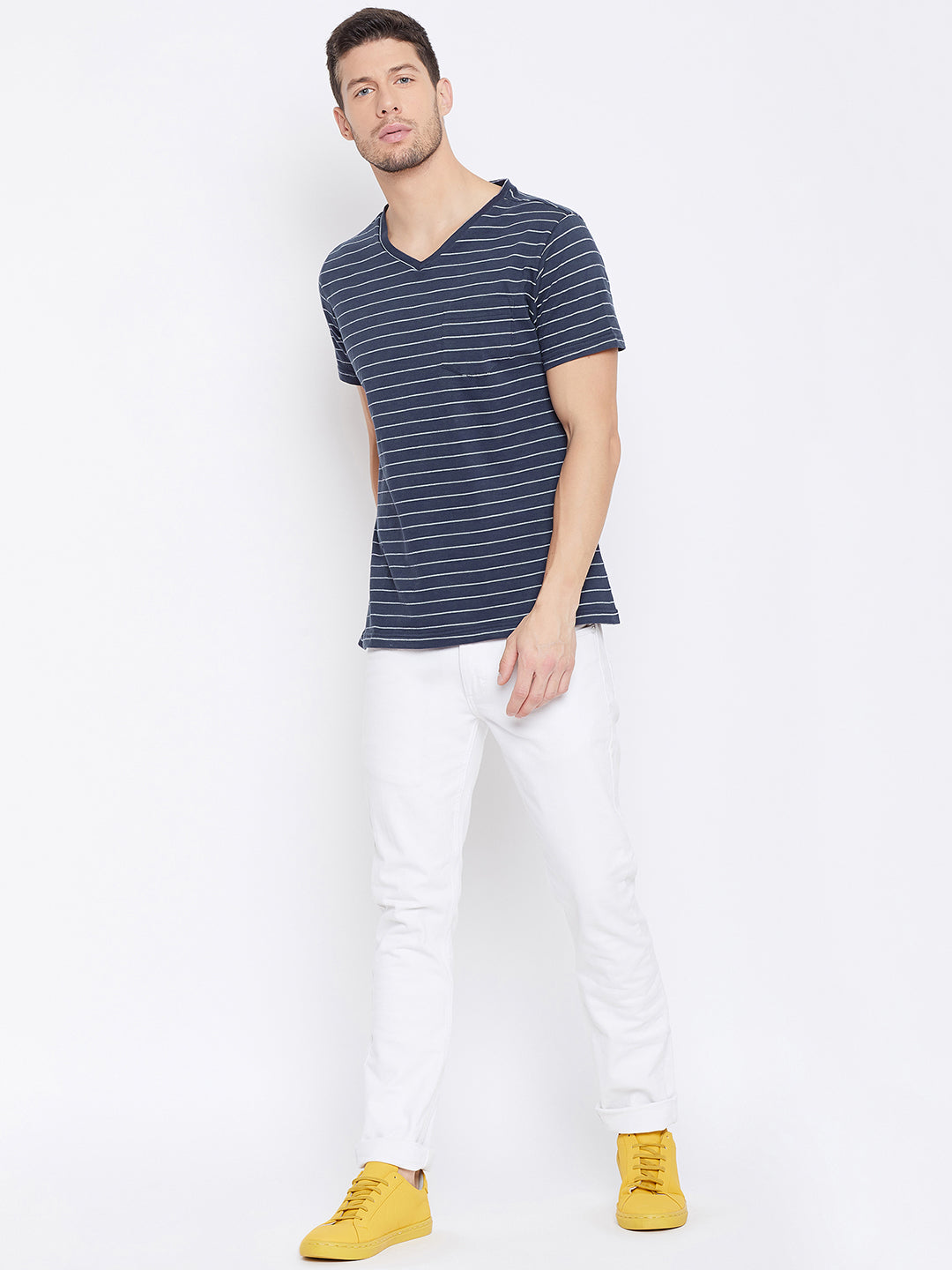 JUMP USA Men Navy Blue Striped V-neck T-shirt - JUMP USA