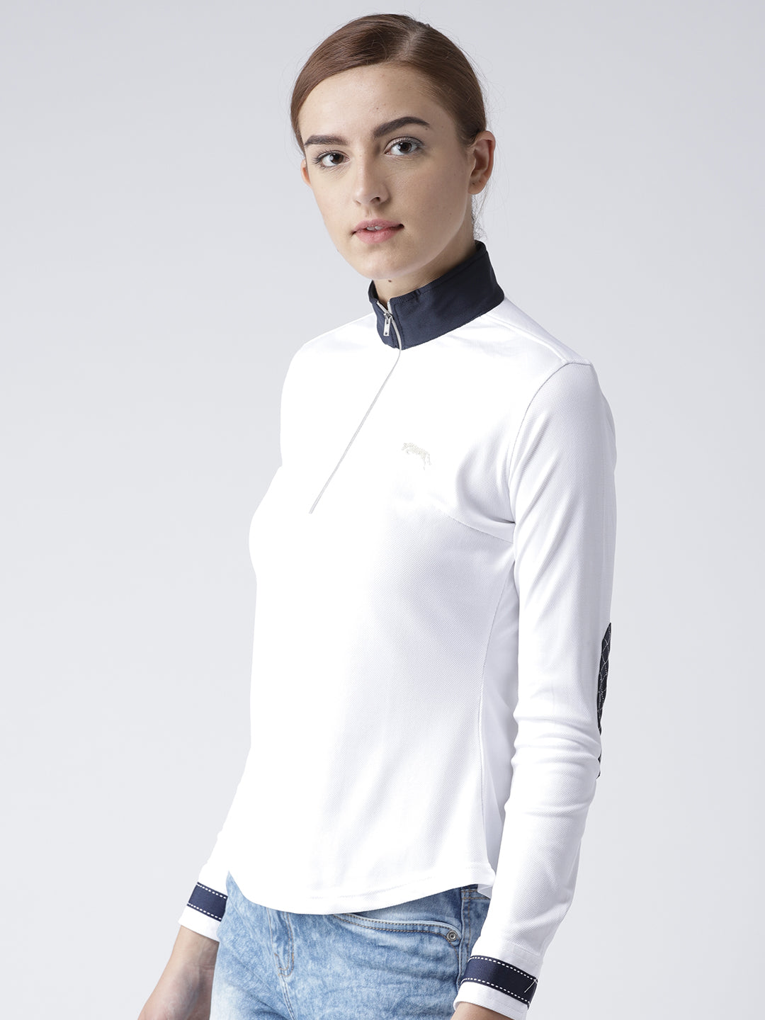 Women Solid White Polo T-Shirt - JUMP USA
