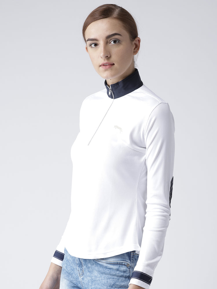 Women Solid White Polo T-Shirt - JUMP USA