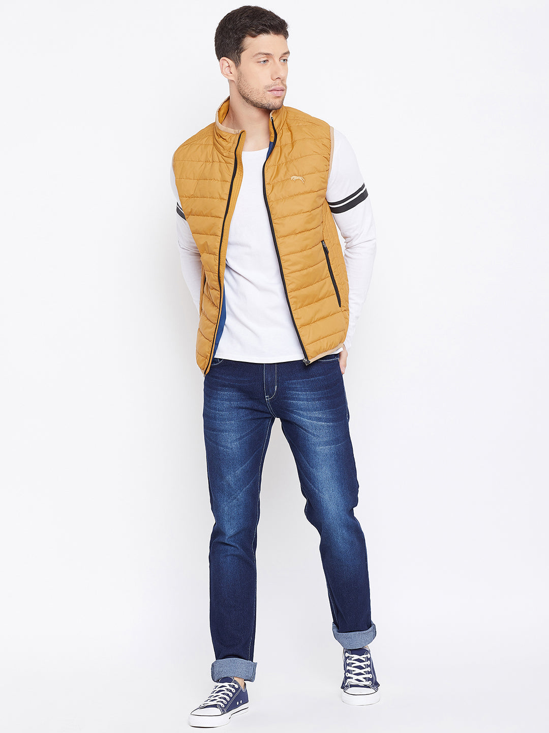 JUMP USA Men Mustard Sleevless Solid Bomber Jacket - JUMP USA