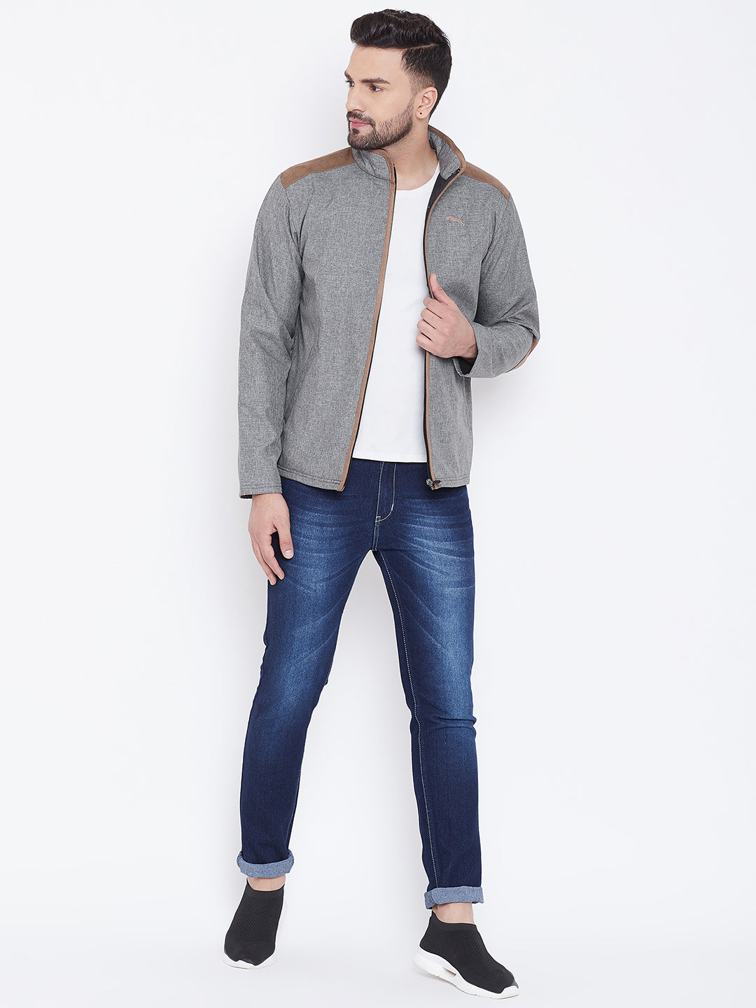 JUMP USA Men Grey Solid Bomber Jacket - JUMP USA