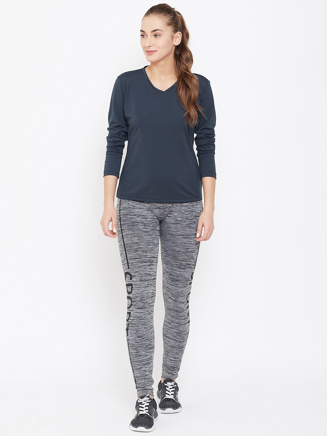 Women Navy Blue Active Wear V-Neck T-shirt - JUMP USA