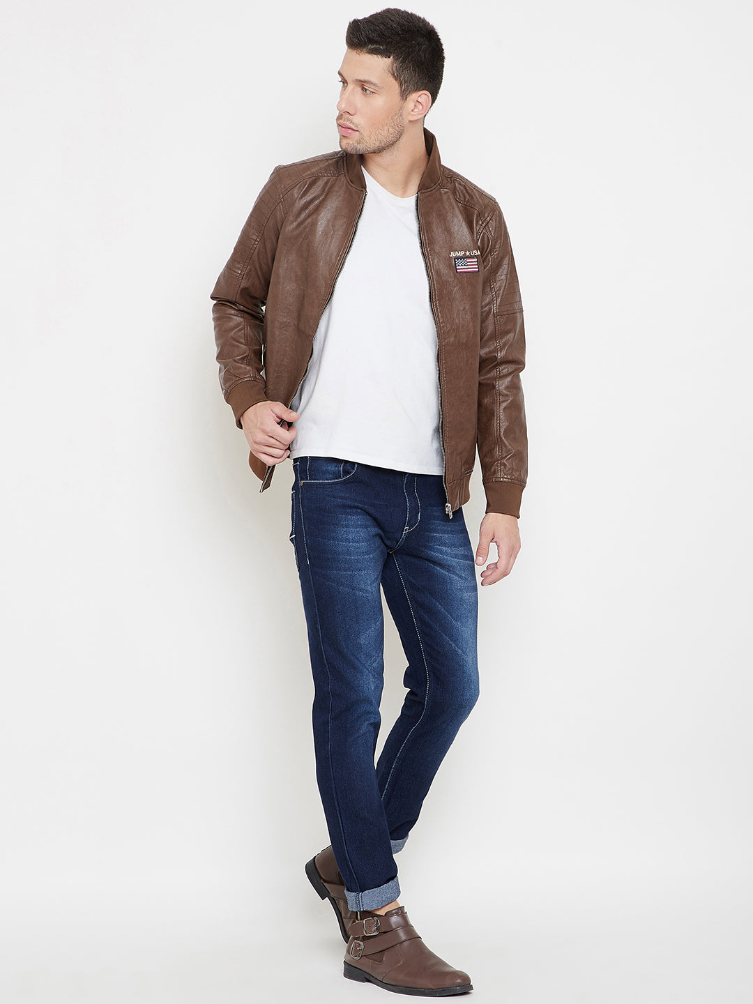 JUMP USA Tan Solid Casual PU Leather Varsity Jacket - JUMP USA
