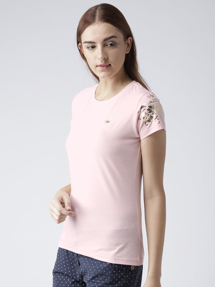 Women Solid Pink T-Shirt - JUMP USA