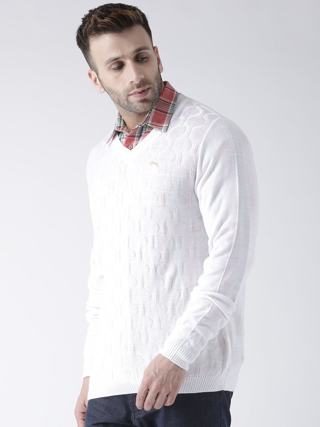 Men White self Design Pullover - JUMP USA