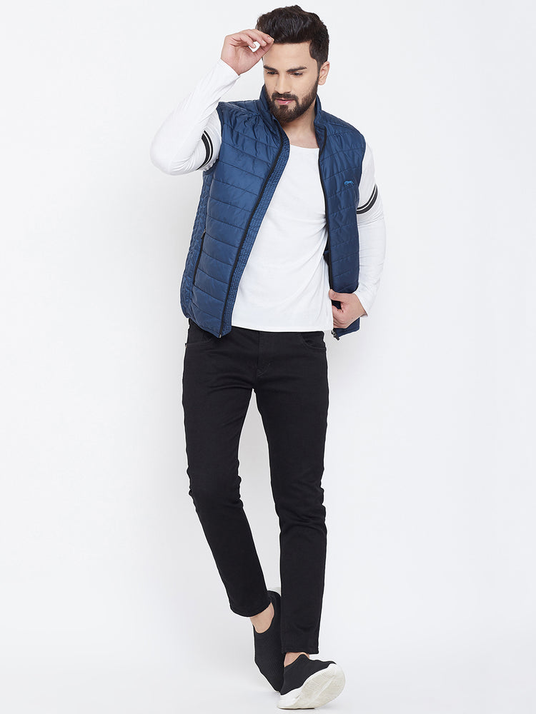 JUMP USA Men Blue Sleevless Solid Bomber Jacket - JUMP USA