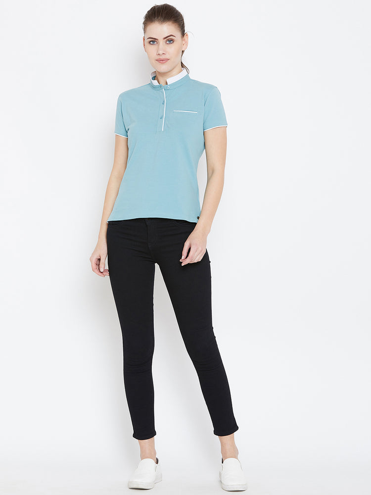 Women Blue Solid Casual Polo T-shirts - JUMP USA