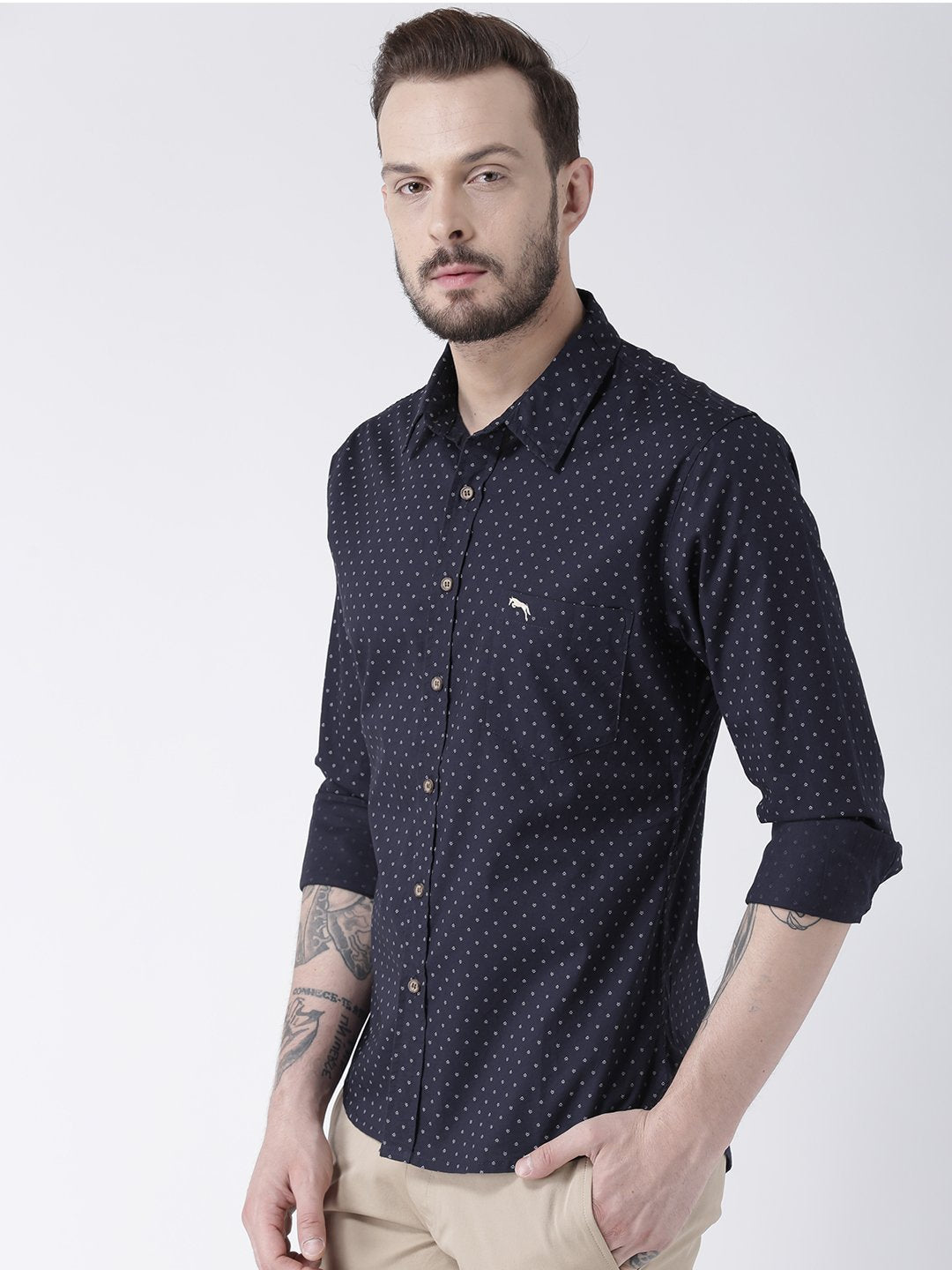 Men Navy Blue Printed Cotton Slim Fit Shirt - JUMP USA