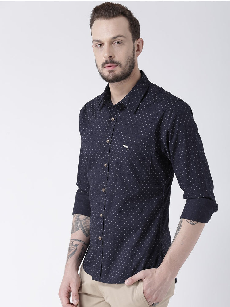 Men Navy Blue Printed Cotton Slim Fit Shirt - JUMP USA